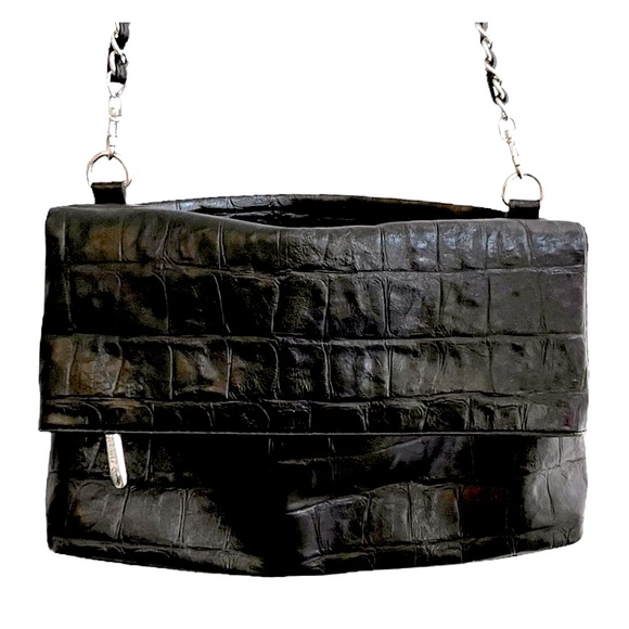 Nicole Miller Black Embossed PVC Leather Croc Zip Crossbody Bag Shoulder Purse - Picture 4 of 15